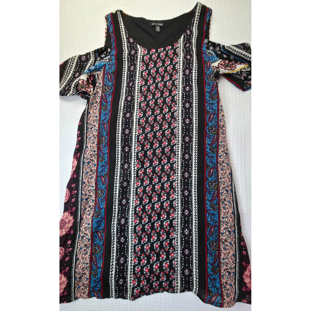 As U Wish Cold Shoulder Dress Womens Large‎ Black Multi NEW Floral Paisley Mini